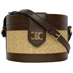 Celine Tambour Shoulder Bag f-21487 Beige Brown Triomphe Bucket Straw Leather...